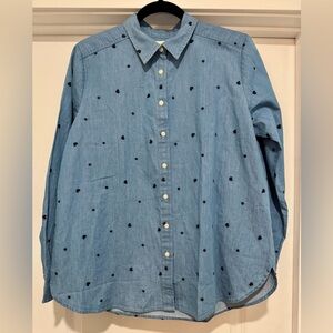 LOFT Chambray Denim Blue Shirt with Navy Hearts & Polka Dots Size M NWT